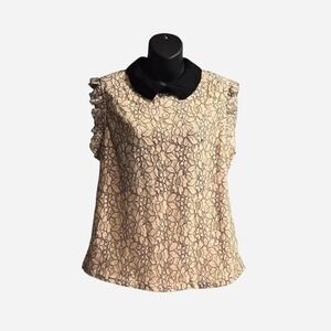 Stem Vine Cream Black Overlay Lace Peter Pan Collar Ruffle Blouse Top XL
